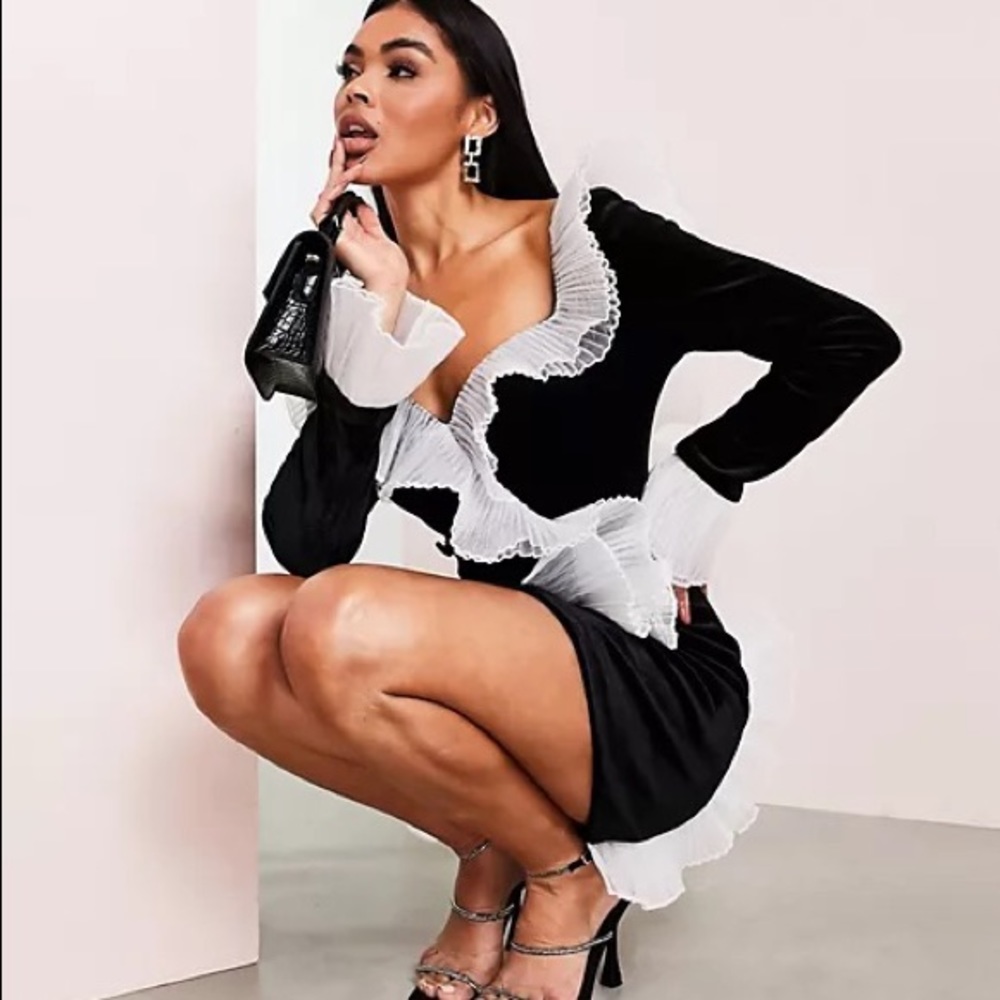 NWT ASOS LUXE bonded velvet tux dress with ruffle detail in black